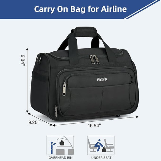 HanTrip Carry on Duffel Bag Foldable Duffle Bags for Travel, Under Seat Personal Item Bags for Airplanes, Weekender Overnight Mens Travel Tote Bag for Women Small Softside Carry on Luggage (Black)