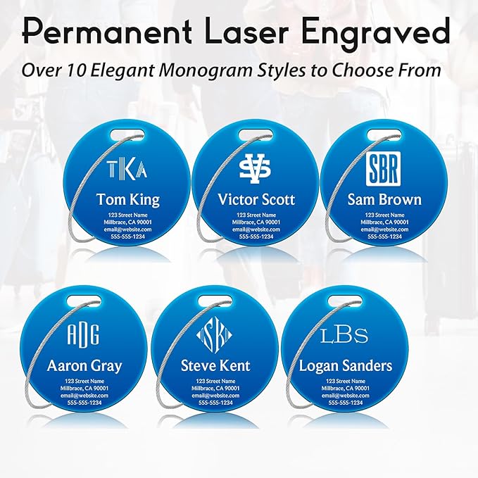 Personalized Luggage Tags for Suitcases - Stainless Steel Custom Luggage Tags for Backpacks & Bags, Sturdy, Waterproof & Heavy Duty (Blue/Round)
