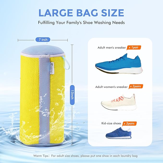 Shoe Washing Machine Bag, Laundry Shoe Bag for Washer & Dryer, Shoe Bag for Washing Machine Hands-free Plush Fibers Shoe Cleaning Bag Reusable for Sneakers Tennis Shoes, Yellow 2Pcs