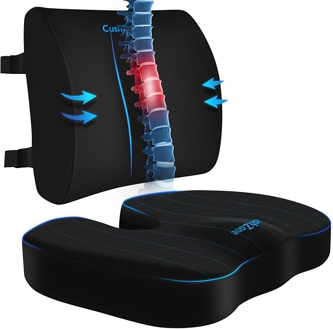 CushZone Seat Cushion, Lumbar Support Pillow with Adjustable Strap-Chair Cushions for Sciatica Pain Relief-with Washable Cover Memory Foam for Car, Travel and Wheelchair-Black