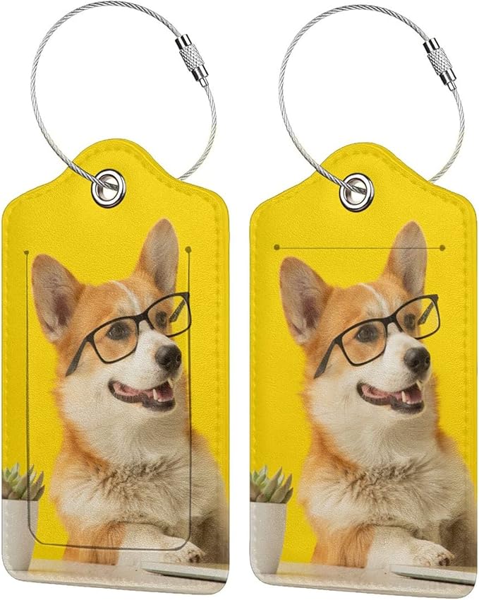 2 Pcs Yellow Luggage Tags for Suitcases Cute Dog with Glasses Pattern Leather Backpack Tag with Stainless Steel Loop Privacy Cover ID Label Travel Bag Tags Luggage Identifiers for Adults Kids Travel