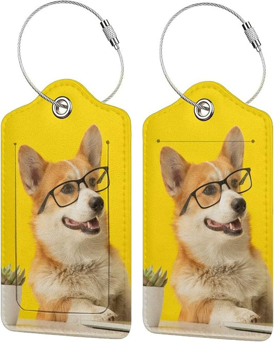2 Pcs Yellow Luggage Tags for Suitcases Cute Dog with Glasses Pattern Leather Backpack Tag with Stainless Steel Loop Privacy Cover ID Label Travel Bag Tags Luggage Identifiers for Adults Kids Travel