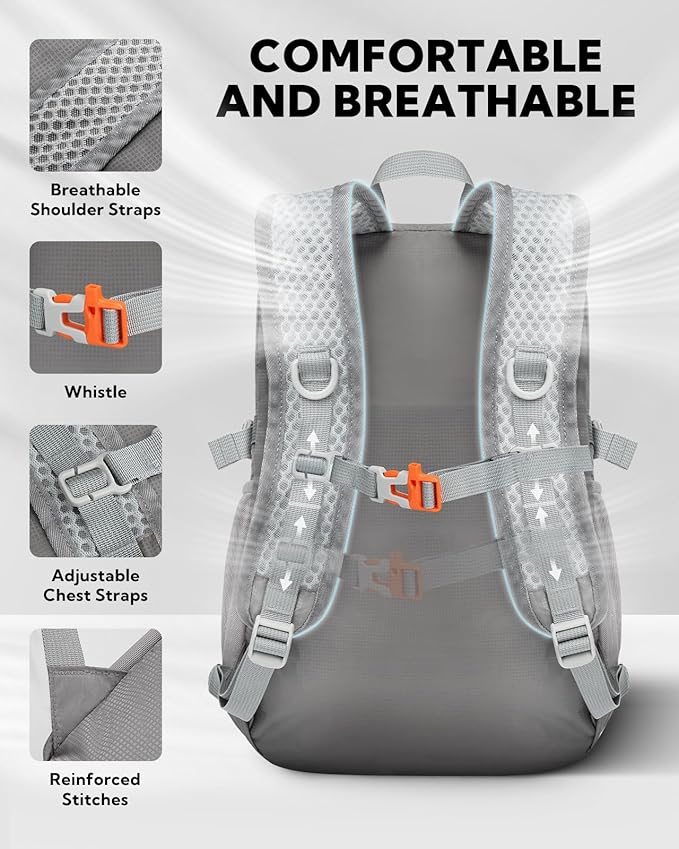 WATERFLY Small Lightweight Packable Backpack: 15L Mini Ultra Light Foldable Travel Daypack with Breathable Shoulder Strap Outdoor Hiking Camping Day Pack for Women Men Gray