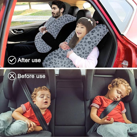Travel Pillow, Travel Pillow for Kids, Sleeper Hold Pillow Travel, Removable U-Shaped Pillow for Adults and Children to Support Head and Body in The Back Seat of Long Car Trips (Gray Leopard Print)