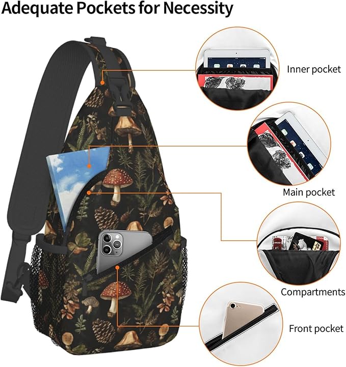 Botanical Mushroom Sling Backpack Crossbody Bag Casual Chest Bags Travel Hiking Daypack Shoulder Bag for Women Men