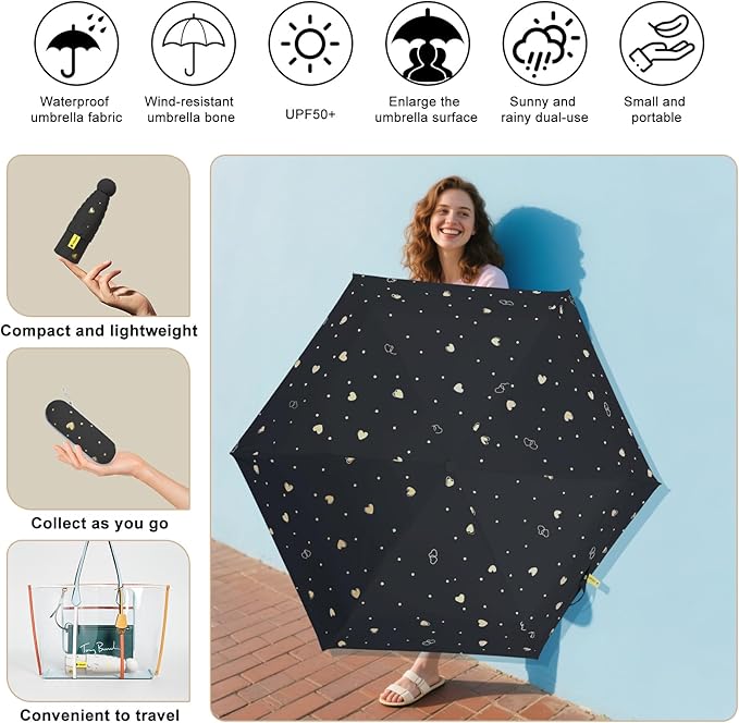 Compact Travel Umbrella - Mini Manual Umbrella for Purse, Windproof & UPF 50+ Sun & Rain Protection, Lightweight Portable Folding with Case for Women, Men，Kids
