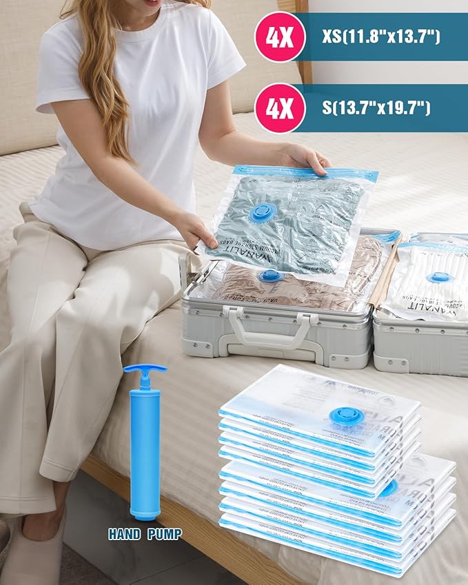 Travel Vacuum Storage Bags with Hand Pump, 8 Pack (4S+4XS) Vacuum Seal Bag Travel Essentials Space Saving Bags for Clothes, Luggage, Carry-on Suitcase, Backpack, Holiday Business Trip