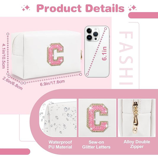 Small Initial Patch Makeup Bag Personalized Gifts Make Up Bag,White Cute PU Leather Glitter Letter Cosmetic Bag with Zipper,Trendy Portable Travel Toiletry Pouch,Preppy Stuff for Teen Girls Women C