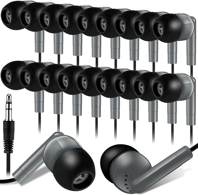 Kanayu 100 Pack Wired Earbuds Bulk for Classroom Ear Headphones Wired Basic Student Earbuds No Microphone with 3.5MM Jack for Class Laptop School Library, Individually Bagged (Gray)