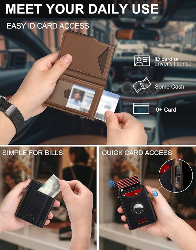 Airtag Wallet for Men, Minimalist Slim Mens Wallet Smart Pop Up Credit Card Holder for 9-13 Cards, RFID Blocking Wallet with ID Window & Cash Slot, Compact Bifold Metal Aluminum Card Case