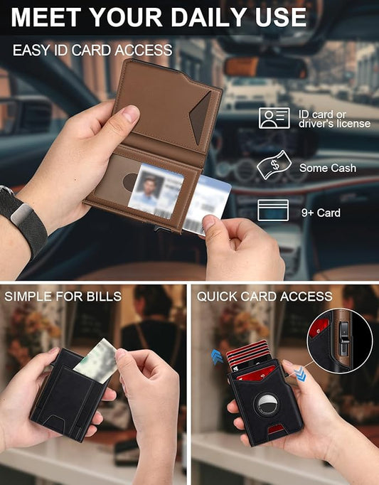 Airtag Wallet for Men, Minimalist Slim Mens Wallet Smart Pop Up Credit Card Holder for 9-13 Cards, RFID Blocking Wallet with ID Window & Cash Slot, Compact Bifold Metal Aluminum Card Case