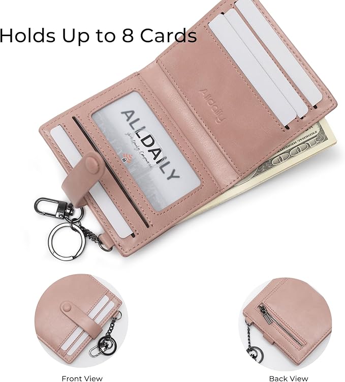 Alldaily Slim Keychain Wallet for Women, RFID Blocking Small Bifold Travel Credit Card Holder (Dark Pink)