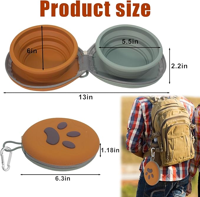 Collapsible Dog Bowls, 2-in-1 Silicone Pet Food and Water Bowl with Carabiner, Portable Double Compartment Dish for Travel, Camping, Hiking Puppy Essentials (Green browen)