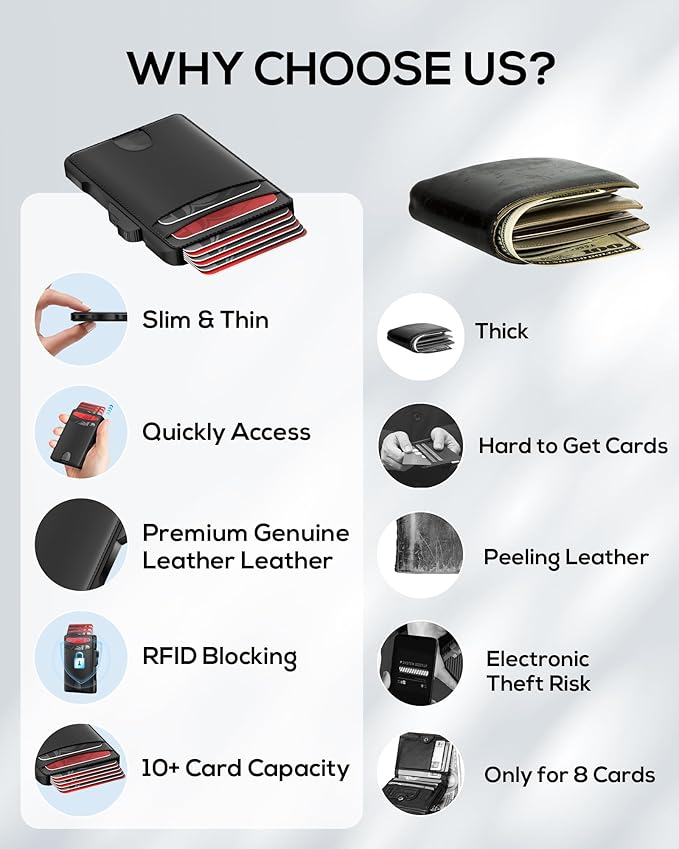 Minimalist Mens Wallet Card Holder: Pop Up Card Case, Genuine Leather, Smart, RFID Blocking, Slim, Thin, Front Pocket, Gift Box - 9-12 Card Capacitiy, Cash Pocket (Black)