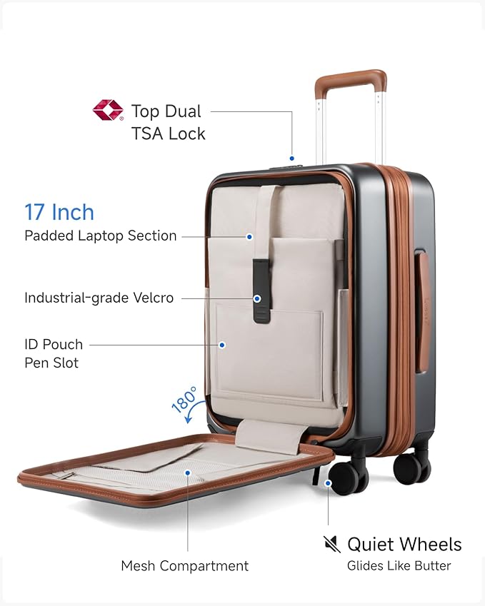 LUGGEX Carry On Luggage 22x14x9 Airline Approved, FLO5 Expandable Polycarbonate Suitcase with Front Pocket (FX-Core, Brown-Black, 20 Inch)
