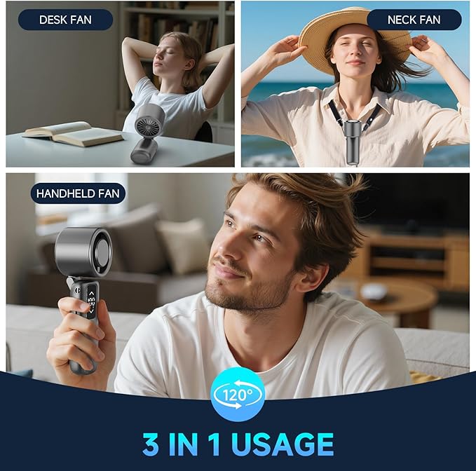 Guirngou Portable Handheld Turbo Fan, 1-100 Gear Wind, Battery Operated, Up to 23 Working Hours, 3 IN 1 Personal Fan with Air Turbo Tech, Cooling Essentials for Indoor/Outdoor(Grey)
