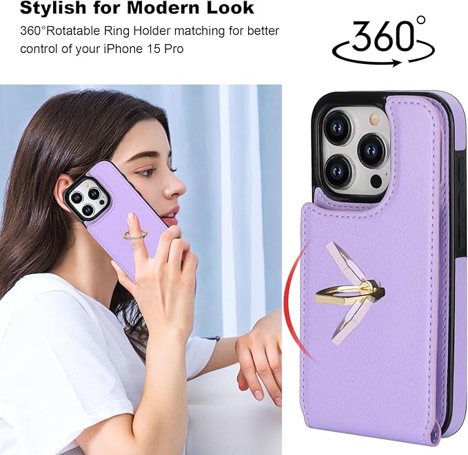 Folosu Compatible with iPhone 15 Pro Case Wallet with Card Holder, 360°Rotation Finger Ring Holder Kickstand, RFID Blocking Leather Protective Double Buttons Shockproof Cover 6.1 Inch Purple