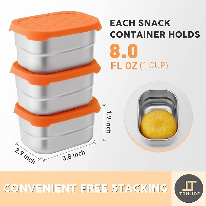 Small (1 CUP) Stainless Steel Snack Containers for Kids | Easy Open Leak Proof Food Containers with Silicone Lids - Perfect Metal Toddler Lunch Box for Daycare and School (8oz)
