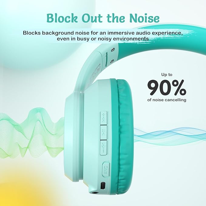 Kids Bluetooth Headphones with Active Noise Cancelling, Wireless Over-Ear Headphones for Boys Girls, Foldable, Adjustable, Safe Volume, 40H Playtime, Mic for School Travel (Mint Green-Dunk)