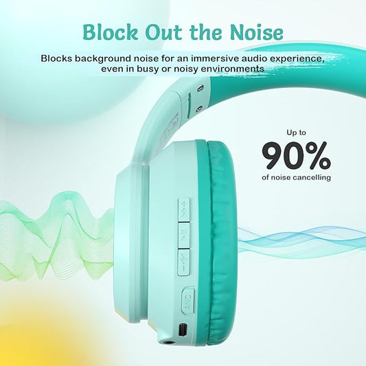 Kids Bluetooth Headphones with Active Noise Cancelling, Wireless Over-Ear Headphones for Boys Girls, Foldable, Adjustable, Safe Volume, 40H Playtime, Mic for School Travel (Mint Green-Dunk)