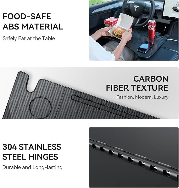 YONZEE Foldable Desk Food Tray (Carbon Edition) for Tesla Model Y Model 3 S X Y Juniper- Upgraded Table with Support Leg for Dining, in-Car Work, Travel and Outdoor (1 Pack)