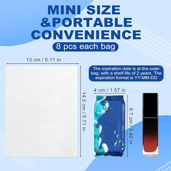 64 PCS Mini Wipes Wet Travel Size,Hand Wipes Travel Size for Adults, Kids & Babies,Unscented, Alcohol Free, Paraben Free for Wedding Travel Homeless Restaurant Barbecue 8 Count (Pack of 8)
