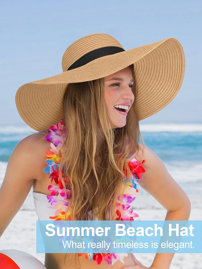 Senker Fashion Sun Hats for Women Oversize Wide Brim Straw Beach Hat Floppy Foldable Roll-Up Summer Vacation UPF 50+