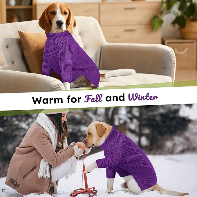 Queenmore Dog Sweater for Large Breeds, Long Sleeve Warm Dog Sweaters, Turtleneck Knitted Pullover Pet Clothes, XL Dog KintSweater, Cat Knitwear, Purple XL