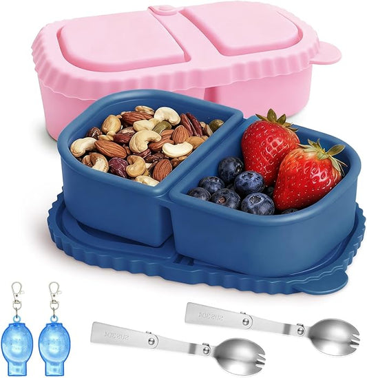 2 Pack Reusable Silicone Snack Containers With Lids, 8.5oz Two Compartment Snack Container, Snack Containers With Lids, Leakproof Snackle Boxes For Travel, Picnics (Blue, Pink)