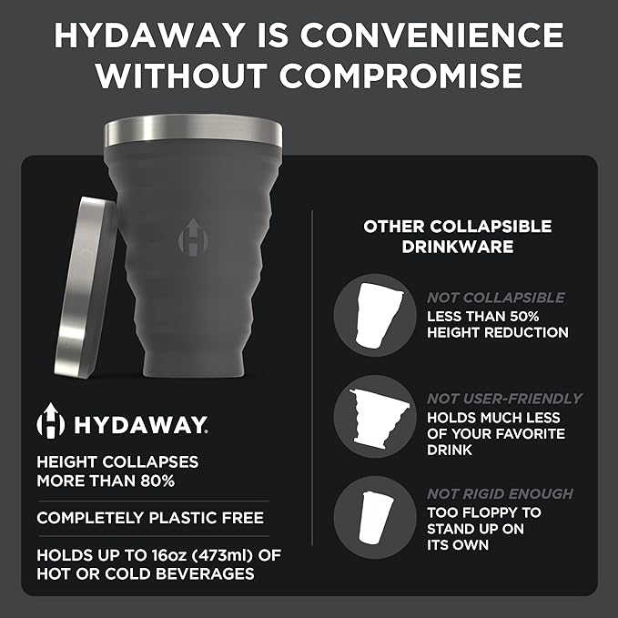 HYDAWAY 16oz Collapsible Pint - BPA-Free Silicone Cup with Stainless Steel Rim - Reusable, Packable, and Durable for Camping, Travel & Everyday Use