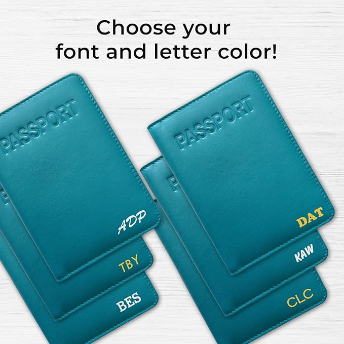 Personalized Monogrammed Teal Leather RFID Passport Cover Holder