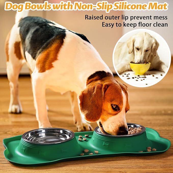 Hubulk Pet Dog Bowls 2 Stainless Steel Dog Bowl with No Spill Non-Skid Silicone Mat + Pet Food Scoop Water and Food Feeder Bowls for Feeding Small Medium Large Dogs Cats Puppies (Medium, Hunter Green)