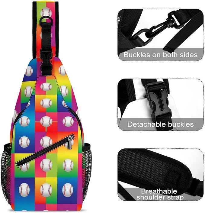 SWEET TANG Womens Fashion Gym Bags Anti Theft Crossbody Shoulder Chest Bag with Small Pocket, Multipurpose Daypack Bag for Cycling Traveling Hiking, Rainbow Baseball