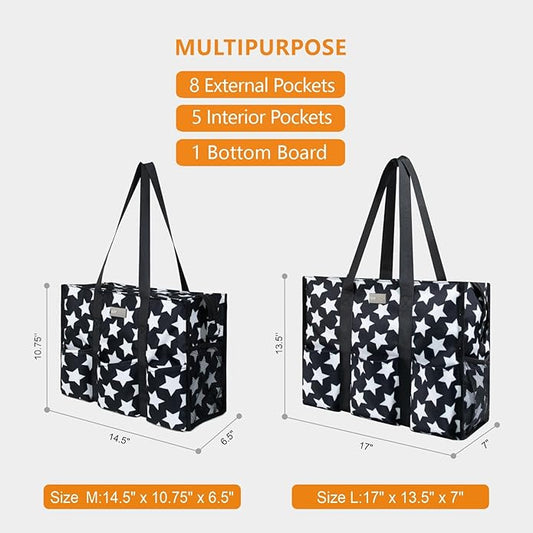 TOPDesign Utility Water Resistant Tote Bag with 13 Pockets, Top Zipper Closure & Thick Bottom Support, for Working Women