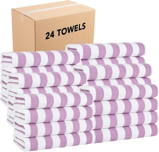 Arkwright California Cabana Stripe Beach Towel Bulk - Case of 24, Large Soft Quick Dry Cotton Terry Towels Set for Pool, Swim, and Hot Tub, Oversized 30 x 70 in, Lavender