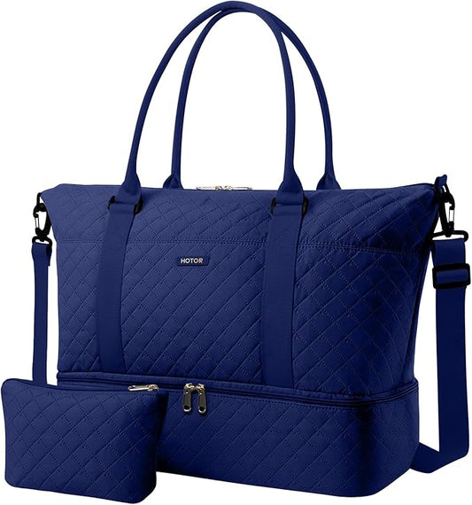 HOTOR Travel Duffel Bag - Weekender Bags for Women, Carry On Overnight Bag with Shoe Compartment, with Toiletry Bag for Travel Essentials and Travel Accessories, Dark Blue, 13.4"×17.3"×7.9"