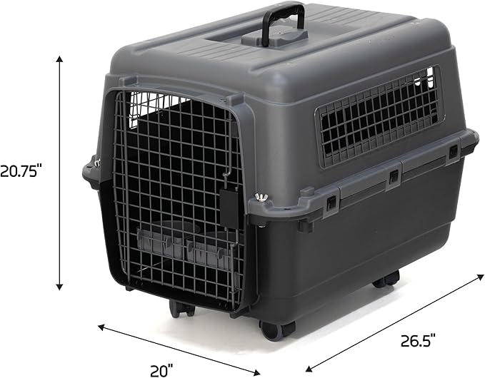 SportPet Airline Approved Wire Door Travel Dog Crate, Durable Plastic Pet Travel Kennel with Removable Wheels,Collapsible, Food Bowls & Accessories, Fits Dogs up to 24" L & 16" H - Medium -Gray/Black