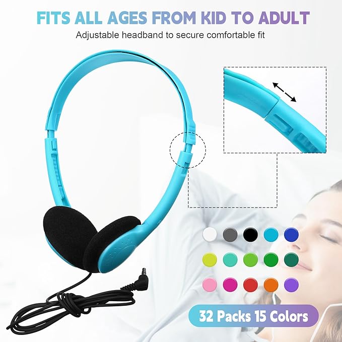 Konohan 32 Pack Headphones Bulk for School Student Classroom Set of Headphones Wire Headset Adjustable with 3.5 mm Jack for Adult (Multicolor)
