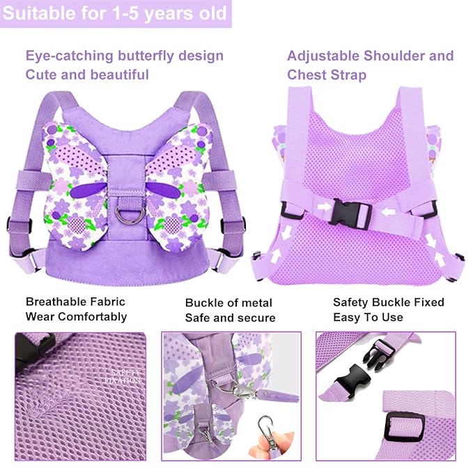 Anti Lost Toddler Harness - Butterfly Baby Leash and Wrist Link with Lock, Child walking Harness Assistant for Girls, Cute Traction Safety Leash for Kids, Holiday Travel Christmas Gift, Purple