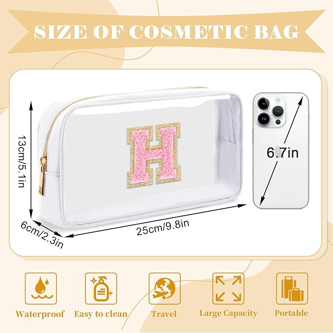 Personalized Initial Letter Clear Makeup Bag,Preppy Small Nylon&PVC Cosmetic Zipper Bag with Chenille Letter,Travel Skincare Toiletry Bag,Monogram Christmas Gift for Teen Girls Women,H