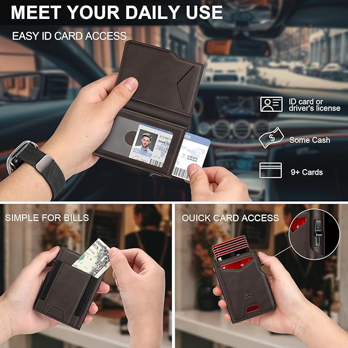 Wallet for Men Wallet with Slim Pop Up Card Holder 9-13 Cards, Bifold Minimalist Smart Wallet RFID Blocking Credit Card Holder with ID Window & Stretchable Cash Slot Compact Metal Aluminum Card Case