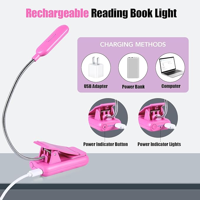 VAVOFO Rechargeable Book Light for Reading in Bed Kids, 7 LED Reading Light with 9-Level Warm Cool White Daylight, Eye Care Lamp with Power Indicator for Bookworms (Rose)