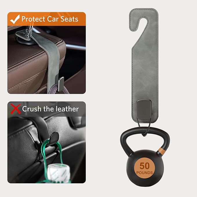 CoBak Headrest Hooks for Car - Universal Premium Stitched Leather and Aluminum-Magnesium Alloy Single Car Seat Back Storage Hook for Purses, Handbags, Bags (2 Pack),Gray
