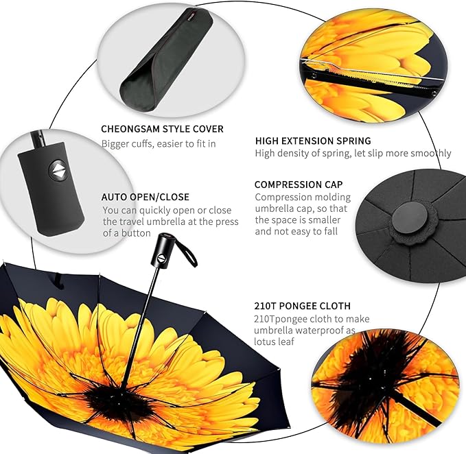 SIEPASA Compact Travel Umbrella - Windproof Auto Open/Close, Lightweight Folding Umbrella wIth Fiberglass Frame & Waterproof Canopy. Fits Backpack/Purse. (Sunflower)
