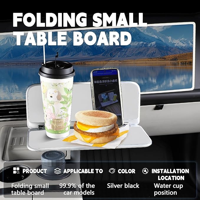 360° Rotating Folding Cup Holder Table, Steering Wheel Tray, Car & Laptop Desk - Car Accessories for Women & Men, Fit Tesla Model Y/3/S/Explorer/Maverick(Foldable Car Table Board (White))