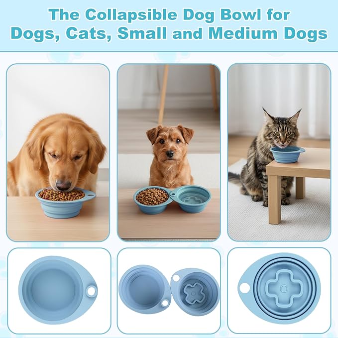 2-Pack Silicone Collapsible Dog Bowls with 4 Carabiners, Food-Grade Portable Pet Travel Bowls for Dogs & Cats, Foldable Water Feeder for Outdoor, Hiking, Camping(Blue)