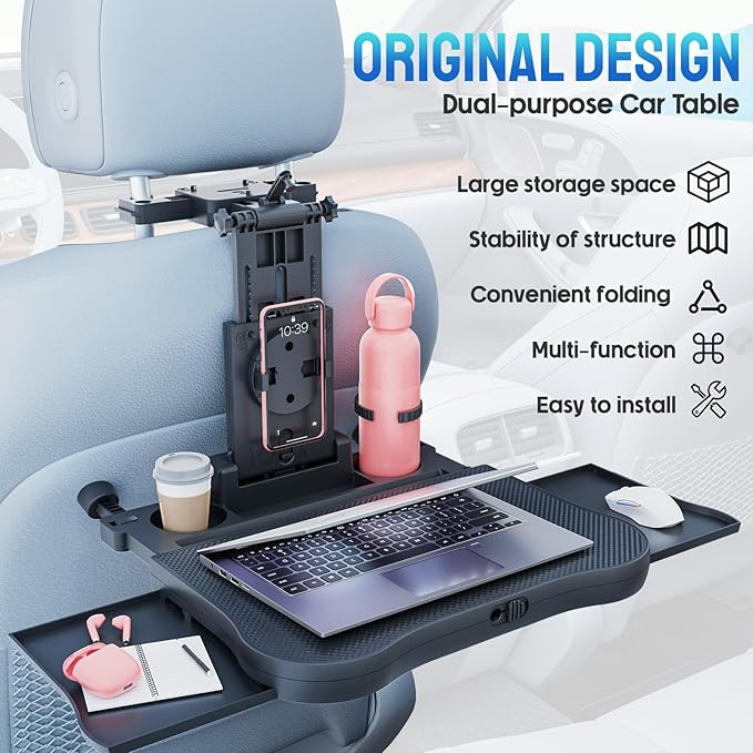 Tallew Car Back Seat Tray Table Stable Foldable Auto Backseat Food Laptop Trays Adjustable Travel Desk for Rear Passenger Road Trip Eating Work Travel