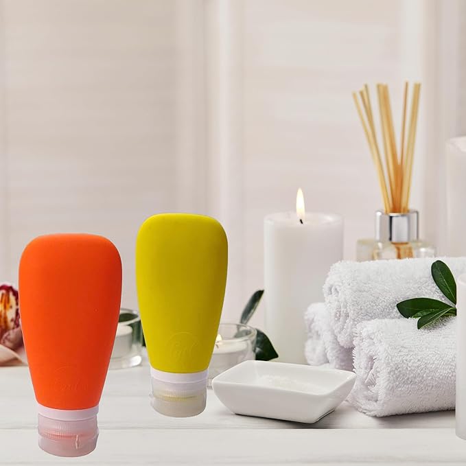 Travel Bottles for Toiletries, TSA Approved 3 oz Leak Proof Silicone Refillable Squeeze Travel Size Containers BPA Free for Cleansers, Lotions, Shampoo for Airplane 2pk (Orange,Yellow)