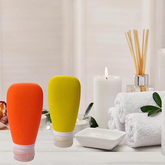 Travel Bottles for Toiletries, TSA Approved 3 oz Leak Proof Silicone Refillable Squeeze Travel Size Containers BPA Free for Cleansers, Lotions, Shampoo for Airplane 2pk (Orange,Yellow)