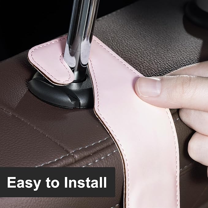 CoBak Headrest Hooks for Car - Universal Premium Stitched Leather and Aluminum-Magnesium Alloy Single Car Seat Back Storage Hook for Purses, Handbags, Bags (2 Pack),Pink